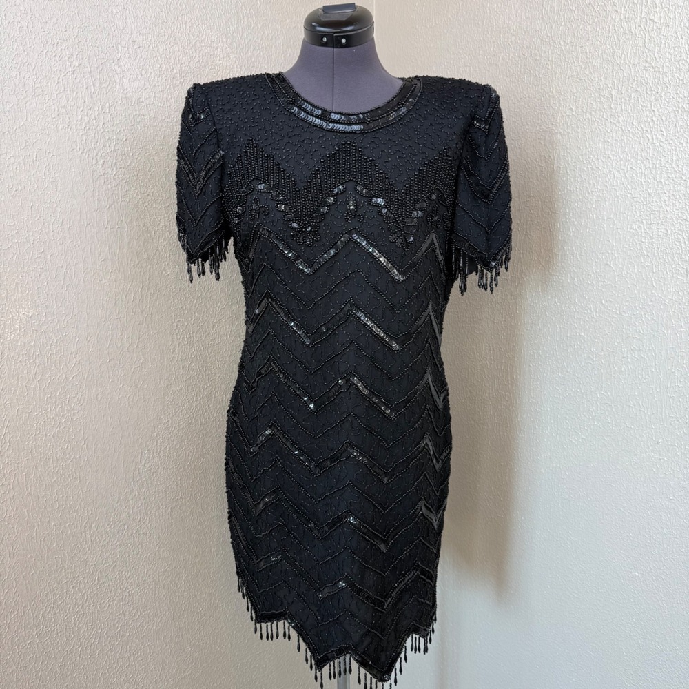 Robert Anthony Vintage Black Silk Beaded Sequin Fringe Cocktail Dress Petite 10